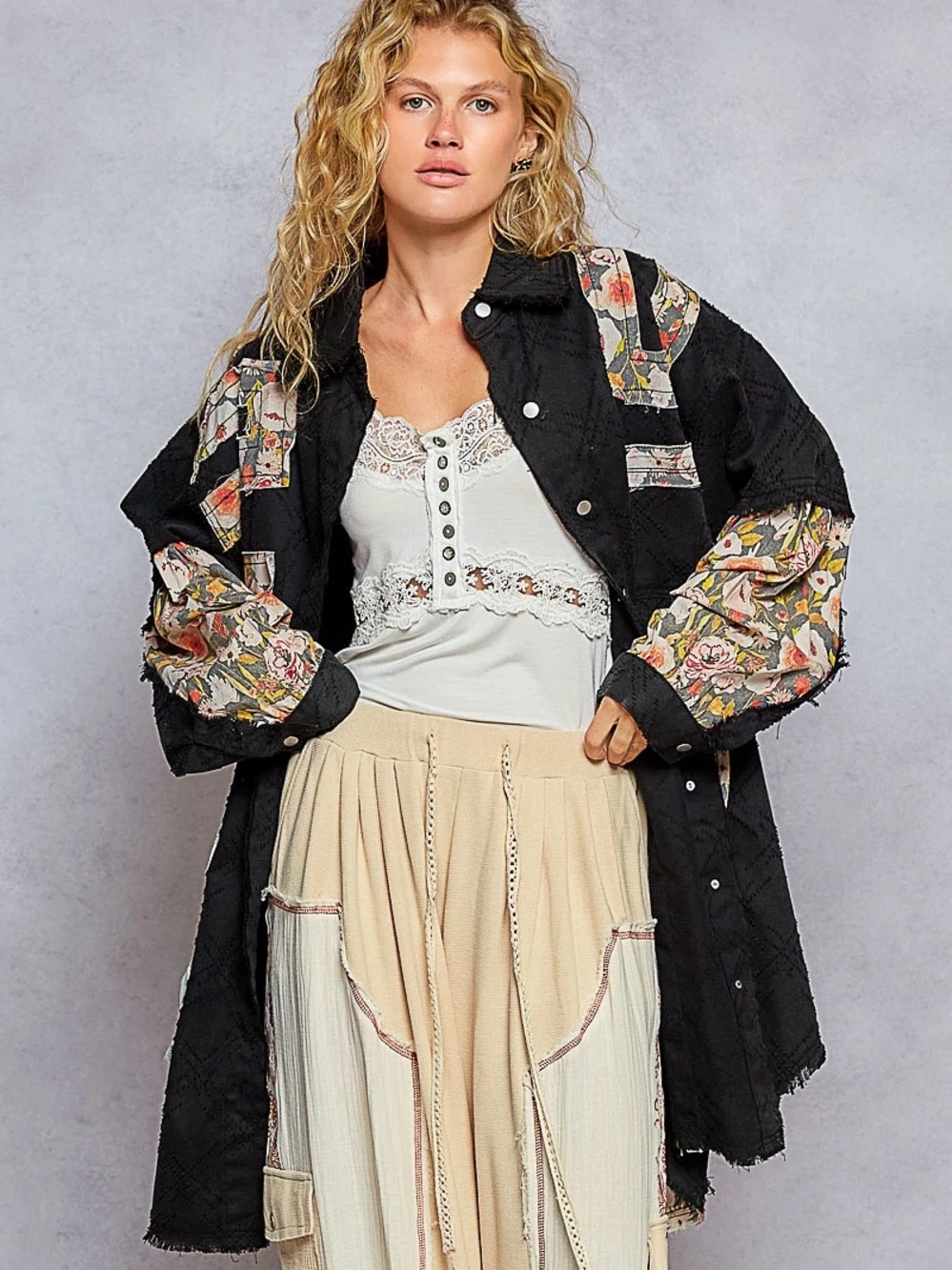 POL Black Floral Patchwork Long Jacket
